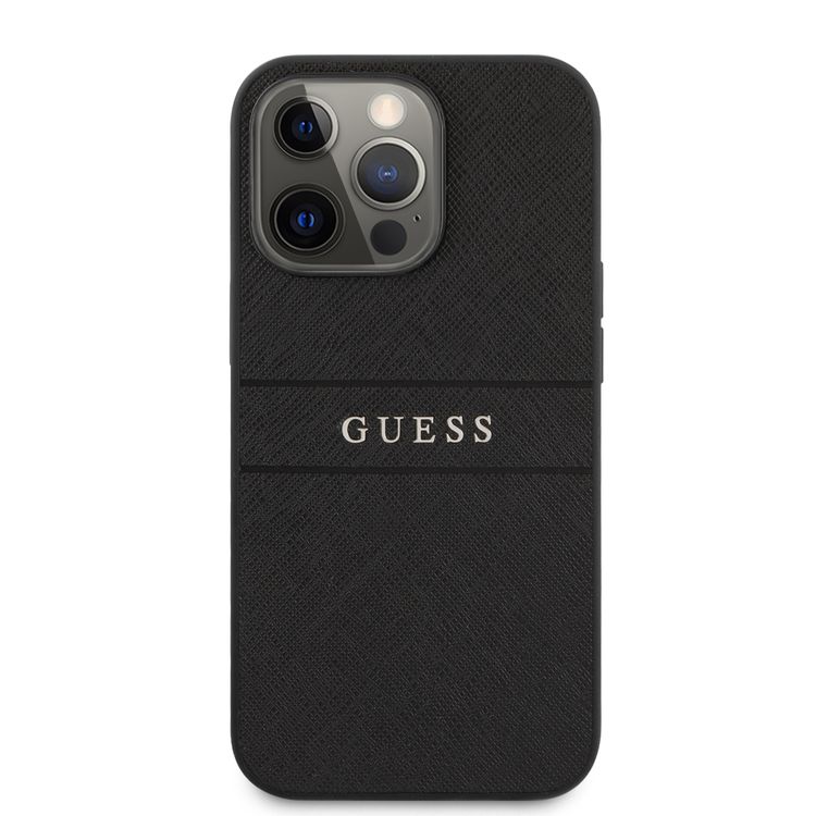 CG MOBILE Guess PU Leather Case Saffiano with Metal Logo Hot Stamp Stripes Compatible for iPhone 13 Pro (6.1") Anti-Scratch, Easy Access to All Ports