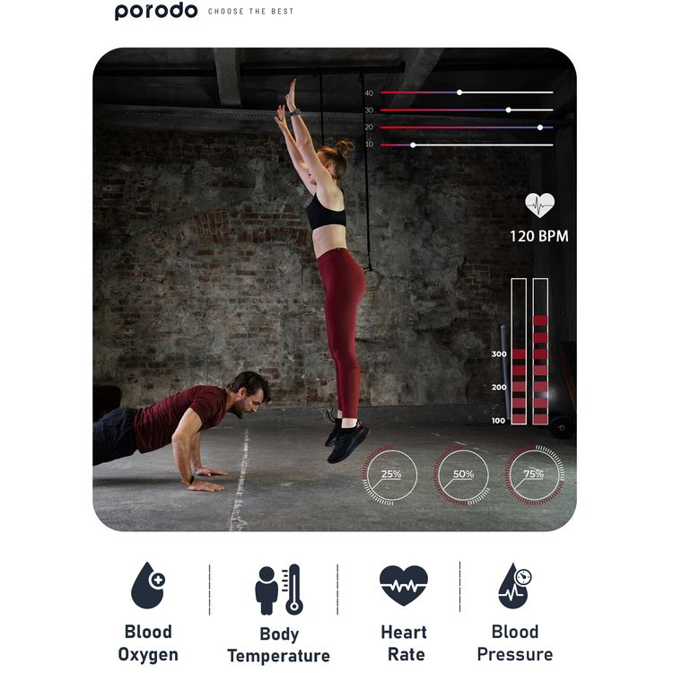 Porodo Ultimo Smart Watch, 2.1", 15 Days Working Time, 3 Hours Charging Time, Bluetooth 3.0 & 5.0, Voice Assistant, Android & iOS Compatible - Black Bezel & Orange Band