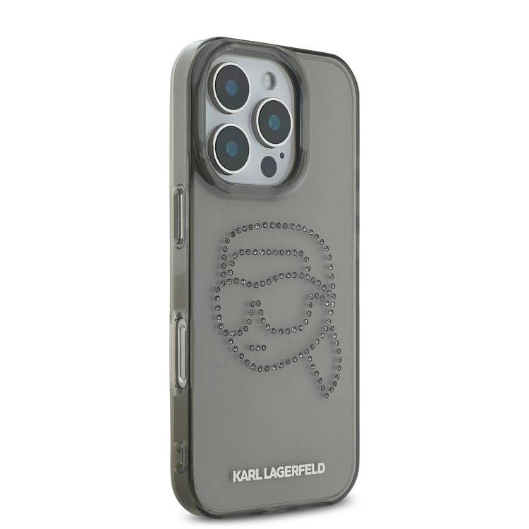 جراب Karl Lagerfeld IML الصلب مع شعار Karl Head مرصع بأحجار الراين لهاتف iPhone 16 Pro، شعار Karl Head، سهل التركيب