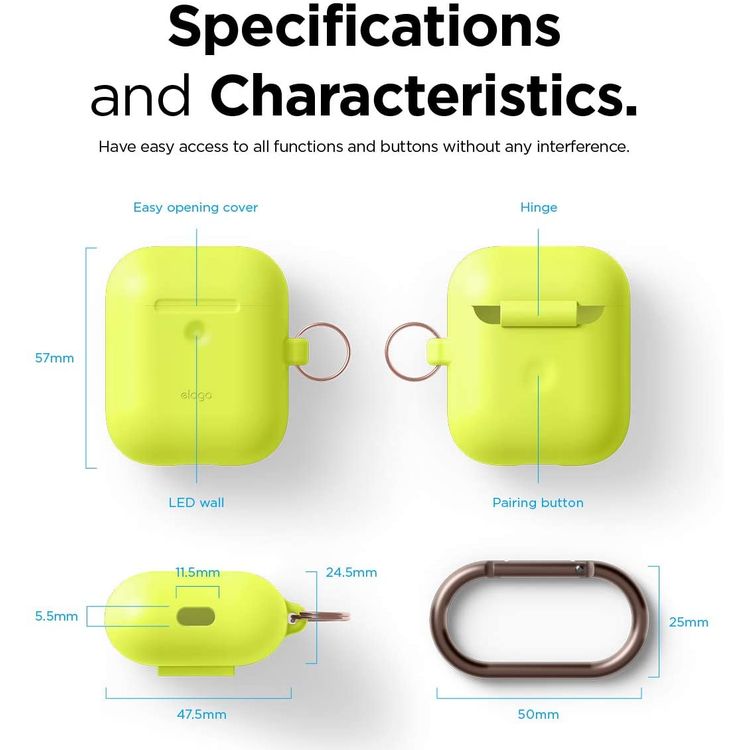 Elago Silicone Case with Anti-Lost Keychain Compatible with Apple AirPods 1/2 Wireless Charging Case, Front LED Visible, Anti-Slip Coating Inside, Premium Silicone - Neon Yellow