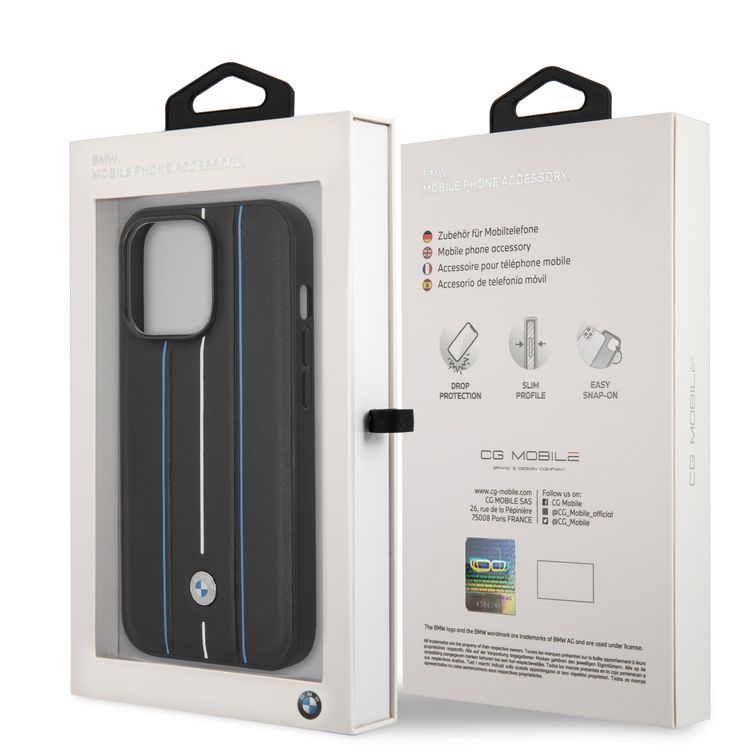 BMW Signature Collection Genuine Leather Case with Hot Stamp Lines, iPhone 14 Pro Compatibility - Black