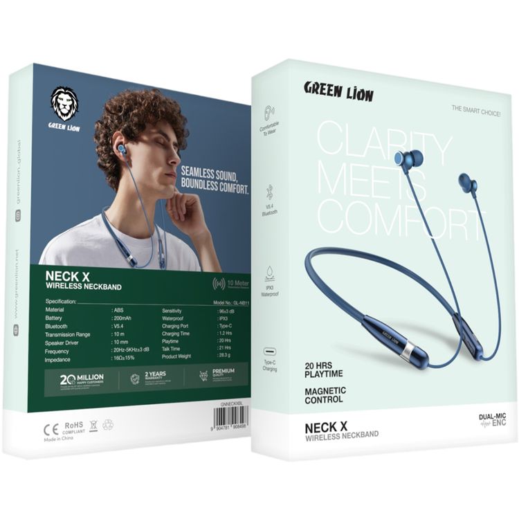 Green Lion Neck X Wireless Neckband with Magnetic Control, Comfortable to Wear, IPX3 Water Resistance Level, Type-C Charging Port - Blue
