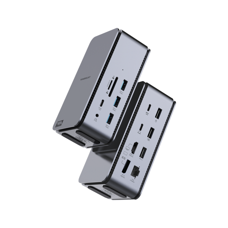 Powerology 15 in 1 Dual Dock Station, 40Gbps Data Speed, 100 Mbps Network Speed, PD 100W, 3.5mm Audio Jack - Gray 