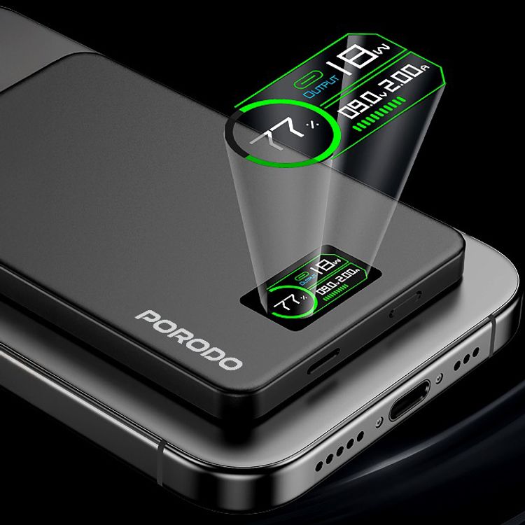 Porodo 10000mAh Power Bank with Real-Time TFT Smart Display, Type-C Input & Output, 20W PD Fast Charging, 15W Wireless Charging, Compatible with MagSafe, Smart Temperature Control - Dark Gray