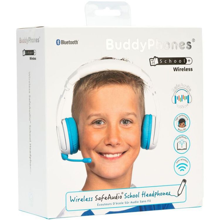 سماعات رأس للأطفال من BuddyPhones SchoolPlus مع اتصال سلكي ولاسلكي، وميكروفون قابل للفصل، ووضع دراسة معزز للصوت، وتصميم قابل للطي - أزرق