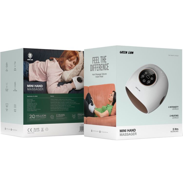 Green Lion Mini Hand Massager with 4 Intensity Levels, 15-Minute Auto Timer, 5 Hours Working Time, 2 Heating Levels, 2500mAh Battery, LED Display - White