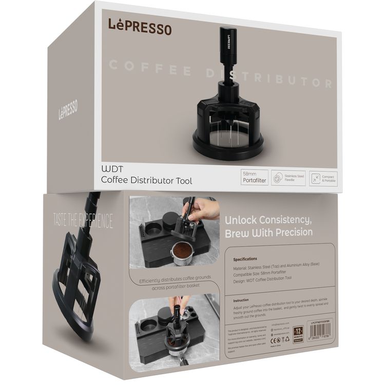 LePresso WDT Coffee Distributor Tool, Alloy, ABS Plastic Material, Stainless Steel Needle, Compatible with 58mm Portafilter, Compact & Portable Design - Black