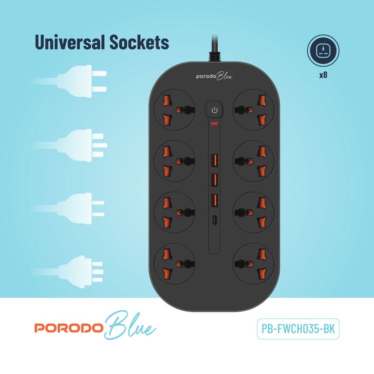 Porodo 8AC Universal Power Strip with Premium Materials, Safety Shutters, 13A Maximum Current, 3m Cable Length - Black