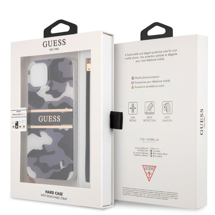 CG MOBILE Guess PC/TPU Case Camo Design & Stripe with Anti-Lost Nylon Strap for iPhone 13 (6.1") Back Cover Suitable with Wireless Chargers Officially Licensed Black