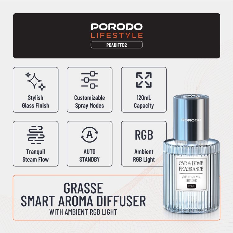 Porodo Grasse Smart Aroma Diffuser with Ambient RGB Light, 120mL Bottle Capacity, 200mAh Battery Capacity, Type-C Charging Port, 4 Spray Modes - Sky Blue