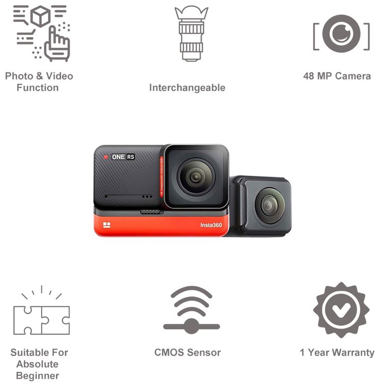 Insta360 One RS Twins Edition, One RS Core, Auto-Editing, 360 Degrees Horizontal Lock, Rugged Design - Black