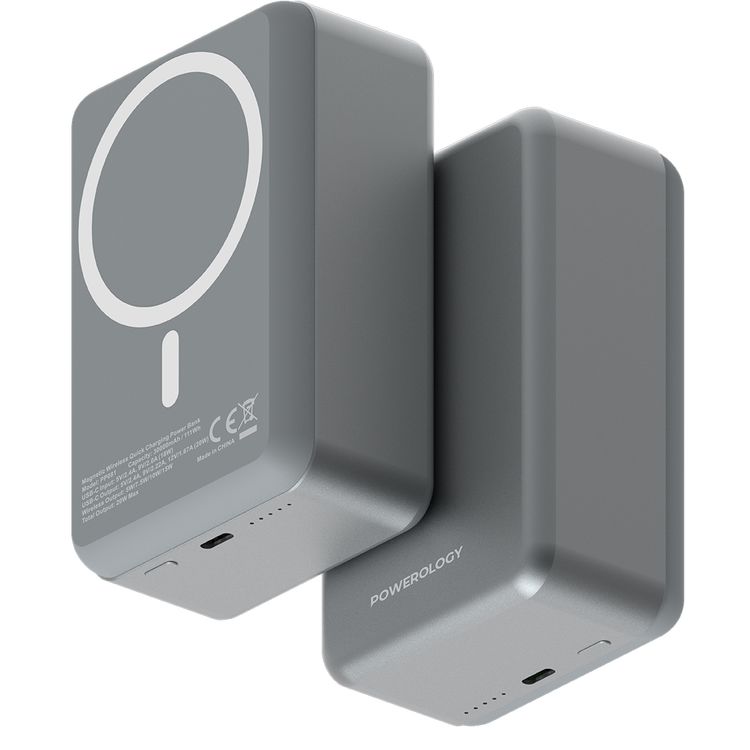 Powerology 30000mAh MagSafe Aluminum Power Bank with 20W Power Delivery, 15W Wireless Output, Li-Polymer Battery, Simultaneous Charging, Compact Design - Dark Gray