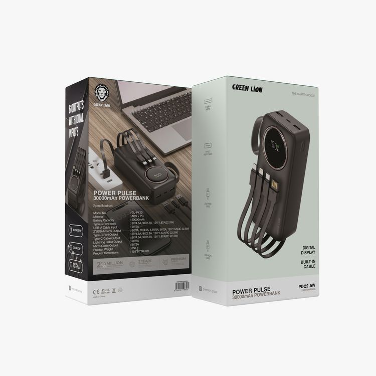 البطارية المحمولة جرين ليون باور بالس 30000 مللي أمبير، PD 22.5W، متنقلة، عرض رقمي، دعم الشحن السريع، كابلات مدمجة: ميكرو + لايتنينج + تايب-سي + USB-A - أسود