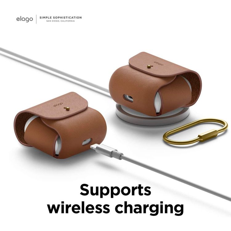 Elago Leather Case with Keychain Compatible with AirPods 3 Case, Natural Cowhide Leather Case with Brass Ring Holder, Supports Wireless Charging - Brown