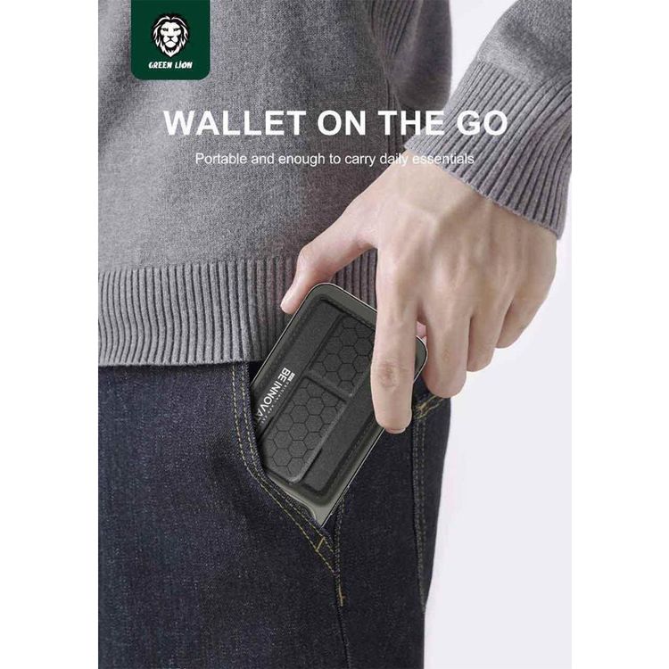 Green Lion Innovative MagSafe Wallet with Built-in Kickstand, Leather Material, Magnetic Fold Down, Snap-On Design, Maximum Two-Card Capacity - Black