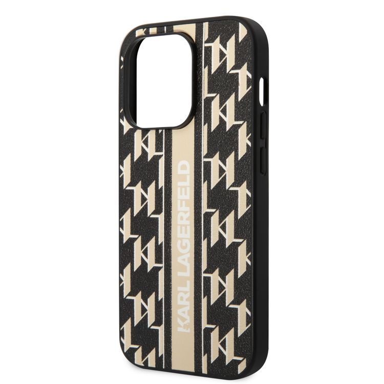 Karl Lagerfeld Grained PU Leather Case with Monogram Pattern & Vertical Logo Compatble iPhone 14 Pro Compatibility - Brown