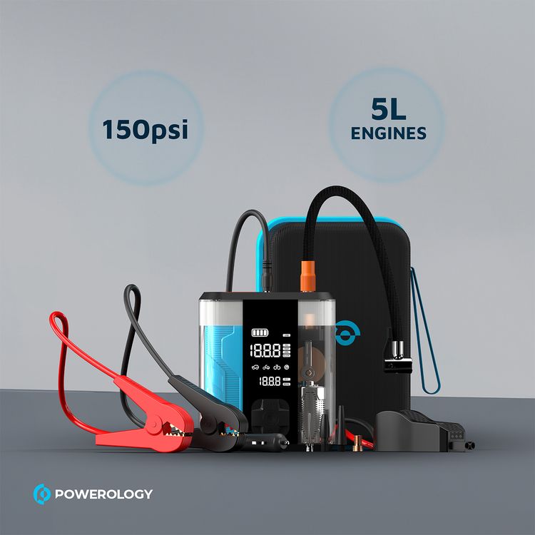 Powerology Multi-Functional Jump Start Air Compressor with Tire Inflator, 8800 mAh Battery Capacity, 2 Hours Charging Time, 800 A Peak Current, 300 A Start Current - Clear