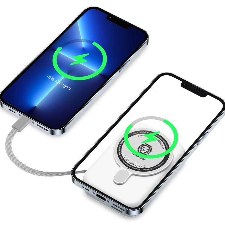 Green Lion Monaco MagSafe 10000mAh Power Bank with Built-in Lightning Cable, Wireless Charging Compatibility, 22.5W PD & QC Output, 15W Wireless Output, LCD Display - White