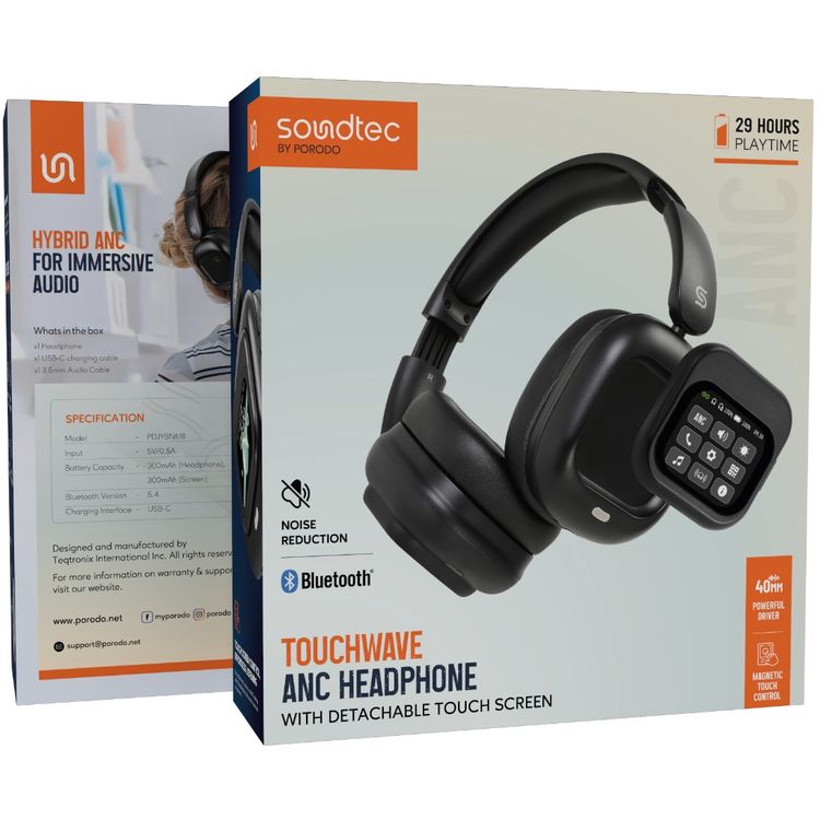 Porodo Soundtec Touchwave ANC Headphones with Detachable Touch Screen, 300mAh Battery Capacity, USB-C Charging Port, 2 Hours Charging Time, Bluetooth Version 5.4, 10m Transmission Range, Up to 29 Hours Play Time, Built-in Microphone, Immersive Audio, Compact Foldable Design - Black