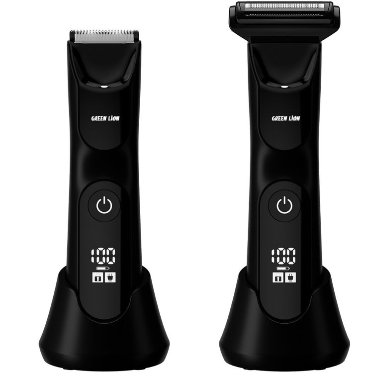 Green Lion Sensitive Duo Hair Trimmer & Shaver, 1.5 Hours Working Time, Ceramic & Stainless Steel Blades, 5W Power, Charging Base Included, LED Spotlight, Skin-Safe Blades, Travel Lock Function, USB-C Charging Port - Black