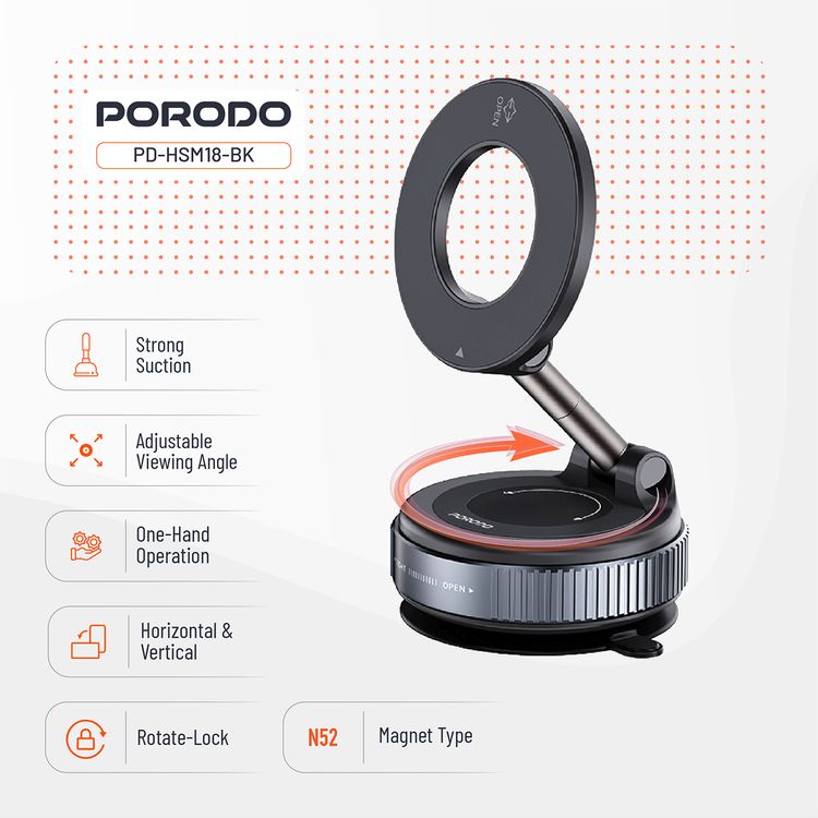 Porodo Vacuseal Rotate-Lock MagSafe Mount with N52 Magnets, Adjustable Viewing Angle, One-Hand Operation, Strong Suction, Horizontal & Vertical Modes - Black