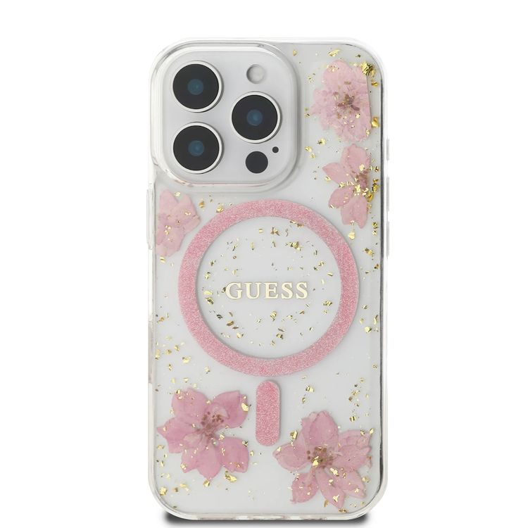 Guess MagSafe Hard Case with Resin Flowers Design for iPhone 16 Pro, Drop protection, Comfortable Grip - Pink