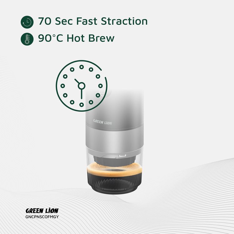 Green Lion Campinas Portable Coffee Maker with 150mL Coffee Cup Capacity, 20 Bar Pump Pressure, 70 Seconds Fast Extraction Time, Carrying Bag Included, 90°C Heating Temperature - Gray
