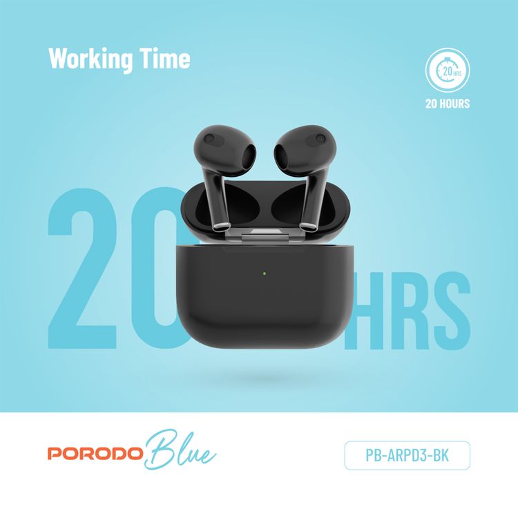 Porodo Blue Deep Bass Wireless Earbuds 3, 20 Hours Working Time, Type-C Charging Port, Environmental Noise Cancellation, Independent Earbuds, Touch Control - Black