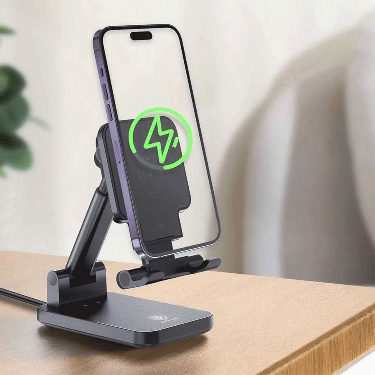 Green Lion Foldable Wireless Charging Stand with 15W Wireless Output, Type-C Interface, 3W TWS Output, Ultra-Stable, Foldable Design, Fast Wireless Charging - Black