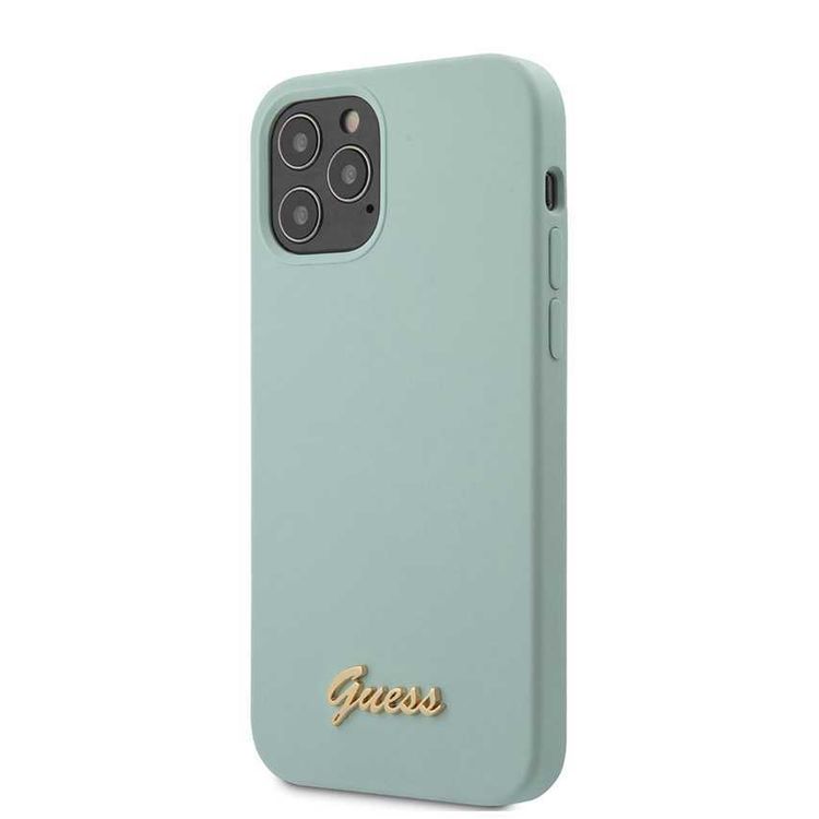 CG MOBILE Guess Liquid Silicone Phone Case w/ Metal Logo Script for iPhone 12 Mini (5.4") Mobile Case Compatible with Wireless Chargers Officially Licensed - Light Blue