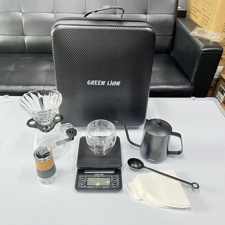 Green Lion G-40 Coffee Maker Set with Manual Grinder, Glass Dripper, Coffee Spoon, Timer Scale - Black