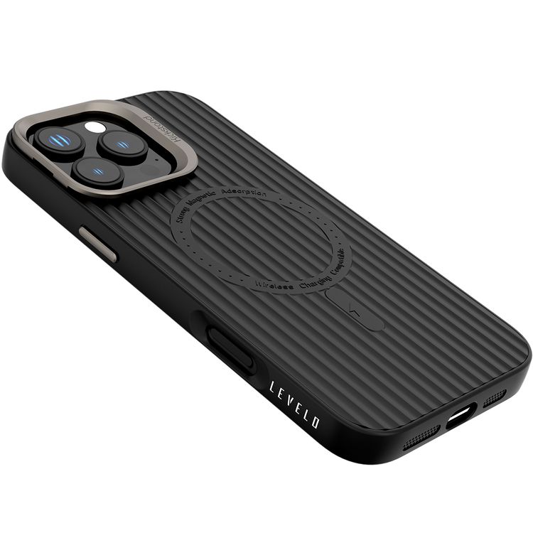 Levelo Livia Case for iPhone 16 Pro Max with MagSafe Compatibility, Impact-Resistant Corners, Built-in Kickstand, TPU with Silicone Surface, Metal Camera Ring - Black