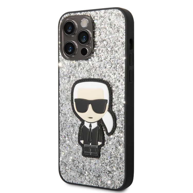 Karl Lagerfeld Glitter Flakes Case with Ikonik Patch Shockproof iPhone 14 Pro Max Compatibility - Silver
