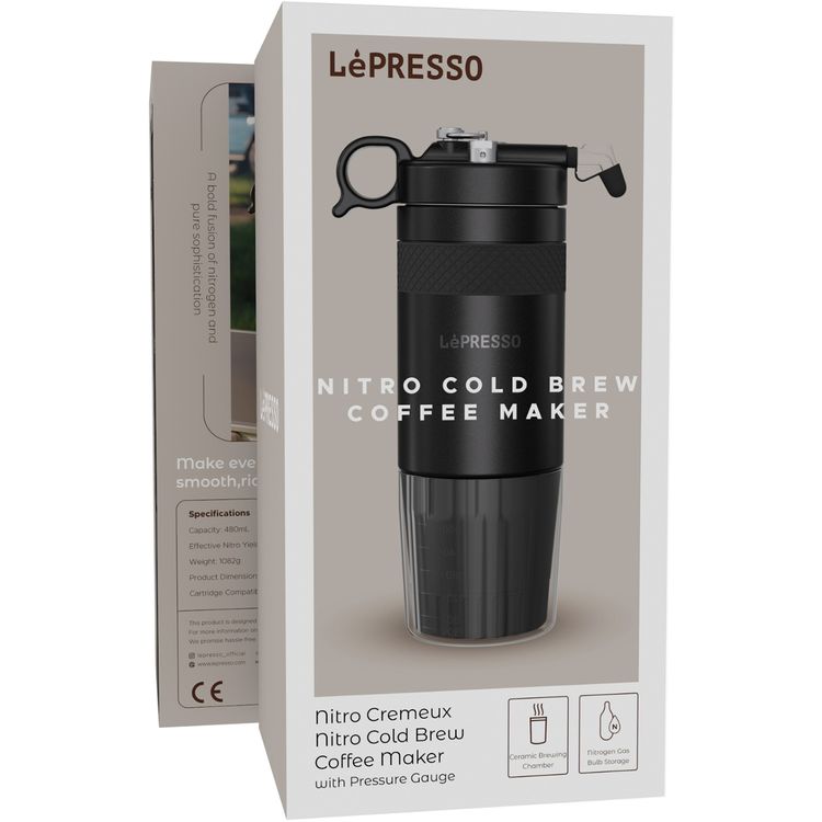 LePresso Nitro Brew Cold Coffee Maker with Pressure Gauge, 480mL Capacity, Nitrogen Gas Bulb Storage, Up to 350mL Effective Nitro Yield per Brew, Removable Tritan Cup - Black