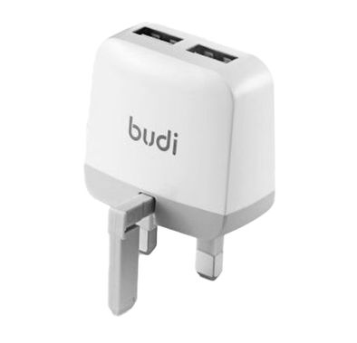 Budi M8J940U Home Charger 12W De Maison Home Charger, UK Plug, 12 WATT, Flexible, 2 USB Ports, -  White/Grey