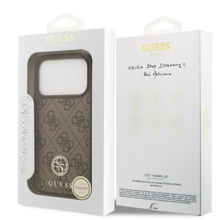 جراب جلد PU بتصميم كلاسيكي وشعار ستراس من Guess لهاتف iPhone 17 Pro مع خاصية MagSafe، تصميم خفيف الوزن، حماية من السقوط، سهل التركيب، بملف نحيف، تغليف مستدام، قبضة مريحة - بني