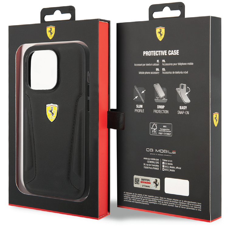 Ferrari Leather Case With Hot Stamped Sides & Yellow Shield Logo - iPhone 14 - Black