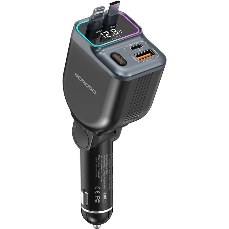 Porodo 65W Car Charger with Dual Retractable Cables, Real-Time Voltage Display, Type-C & Lightning Cable Types, USB-A & USB-C Ports, Universal  Compatibility - Black