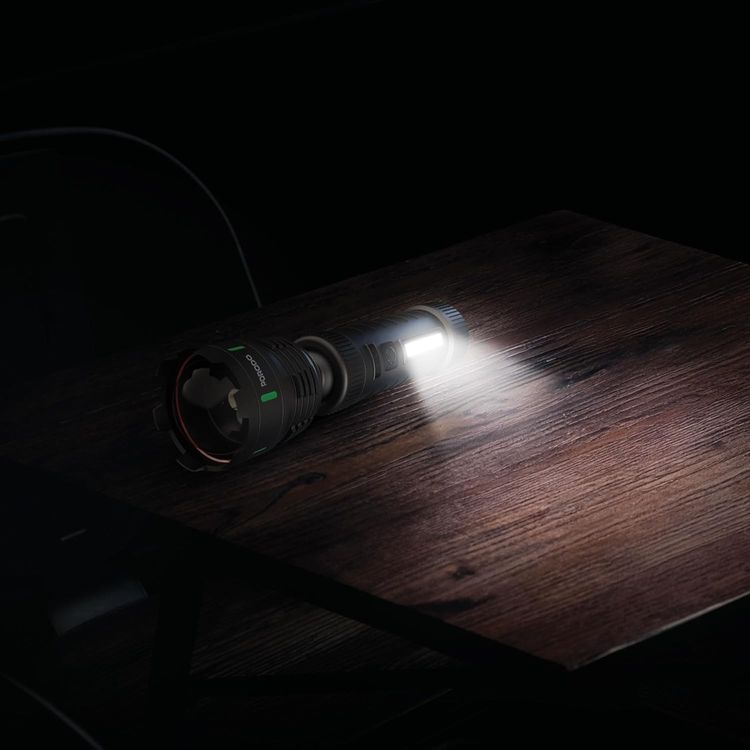 Porodo Lifestyle Orbit Multi-Color Laser Torch with 5000mAh Power Bank Function, 4 Light Modes, 8 Hours Main Light & 20 Hours Side Light Battery Life, 200m Beam Distance, 38-300 Lumens Brightness Range, Multi-Purpose Side Light, 360° Rotation, Zoom Focus - Black