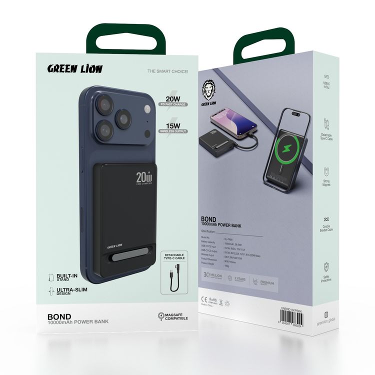 Green Lion Bond Power Bank 10000mAh with Safety Protections, Durable Braided Cable, Strong Magnets , Detachable Type-C Cable, Built In Stand, MagSafe Compatibility, Ultra-Slim Design - Black
