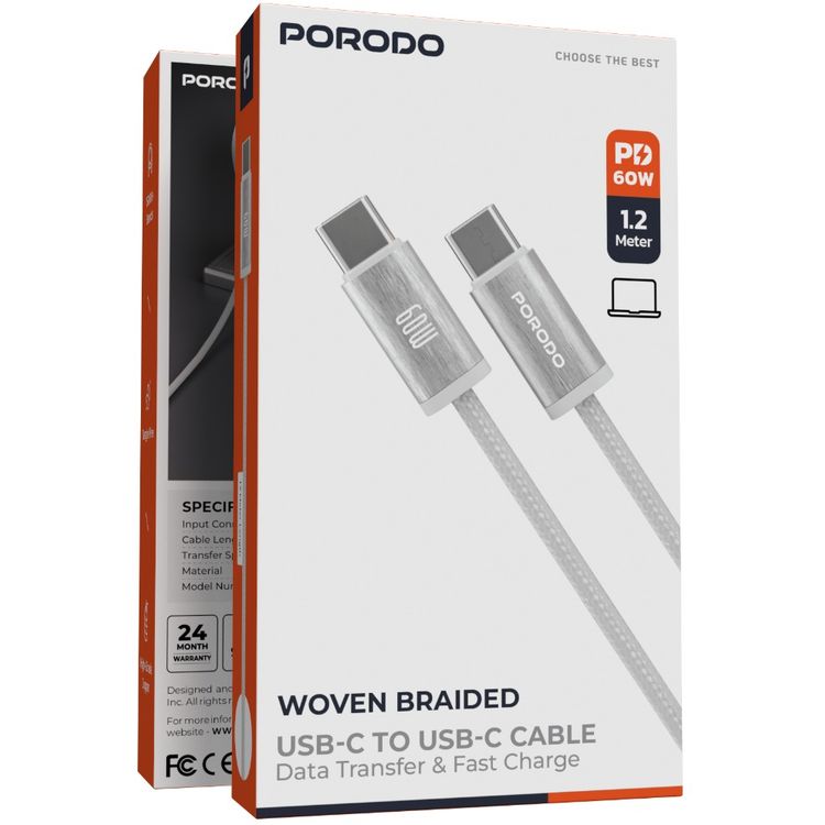 Porodo Woven Braided USB-C to USB-C Cable with 1.2m Cable Length, Fast Charge & Data Transmission, Tangle Free Design, High-Grade Components - White