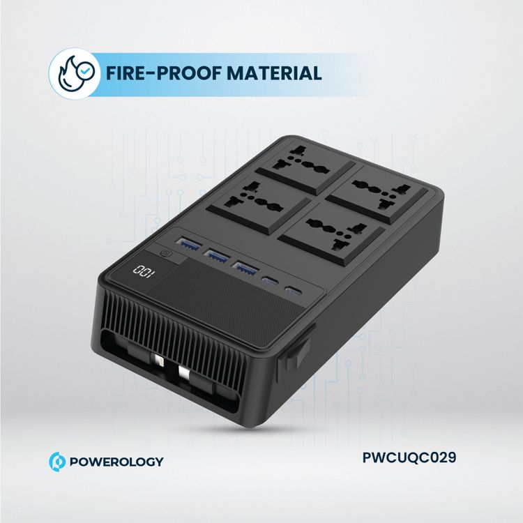 مشترك طاقة Powerology 2500 واط مع 4 مقابس تيار متردد وكابلات مدمجة قابلة للسحب، 5 منافذ USB، مخرجات USB-C وLightning، أدوات حماية مدمجة، مادة مقاومة للحريق، مؤقت 24 ساعة، شحن متزامن، طول الكابل 70 سم وطول سلك الطاقة 3 متر - أسود