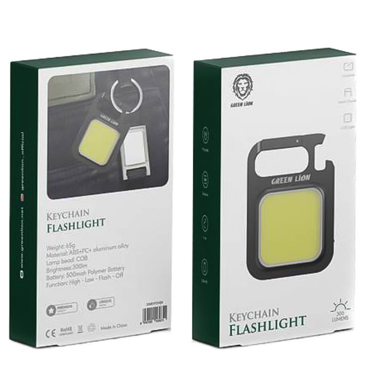Green Lion Keychain Flashlight with Carabiner and Bottle Opener, 300 Lumens Brightness, 500mAh Battery, Premium Material, COB Lamp Bead, Compact & Portable - Black