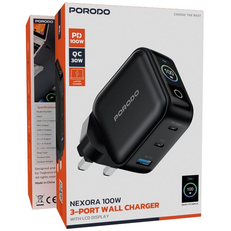 Porodo Nexora 3-Port 100W Wall Charger with LCD Display, 100W Power Delivery, QC 30W, GaN Technology, 3-Pin UK Plug, Universal Compatibility, Multi-Device Charging - Black