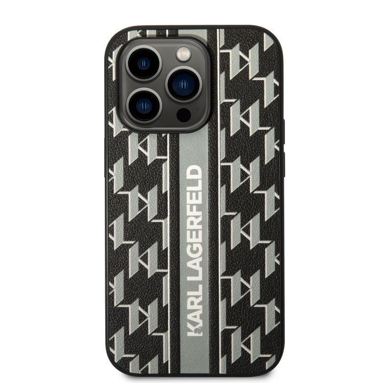 Karl Lagerfeld Grained PU Leather Case with Monogram Pattern & Vertical Logo Compatble iPhone 14 Pro Compatibility - Gray