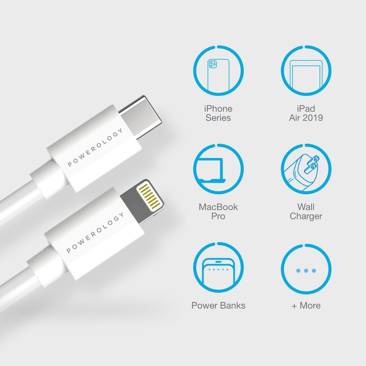 Powerology USB-C to Lightning Cable 0.25m, Fast Charging, Data Sync, Super Durable, Compatible with iPads, iPhones and Airpods/Airpods Pro to USB Type C Cable interface, (White)