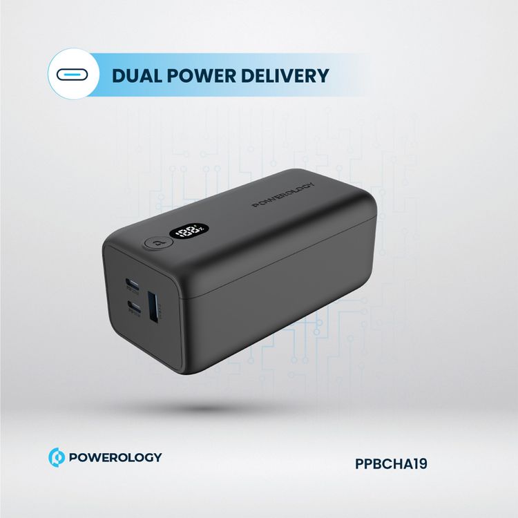 Powerology 20000mAh 65W Onyx Power Bank, Overcharging Protection, USB-A & x2 USB-C Output, LED Display, Fast Charging, Compatible With Laptop  - Black