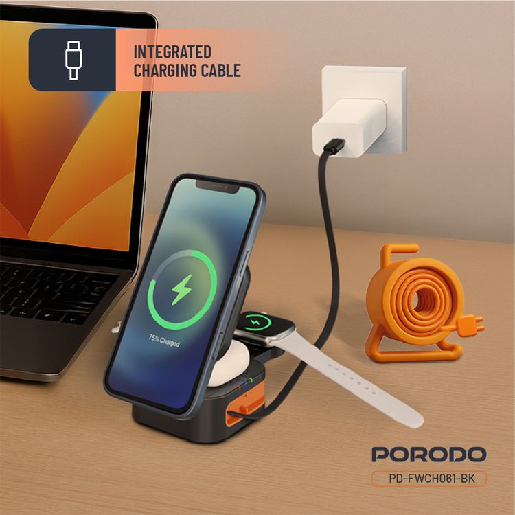 Porodo Pocket-Sized Folding Wireless Charger with 15W Wireless Output, Built-in Charging Cable, 3W Earbuds Output, Multi-Device Charging, 2.5W Apple Watch Output - Black