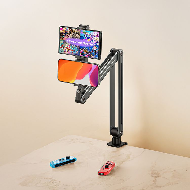 حامل الهاتف والتابلت متعدد الوصلات من Porodo بزاوية مشاهدة مرنة، مصنوع من سبيكة الألمنيوم، وظائف الالتواء والإمالة، توافق واسع - رمادي