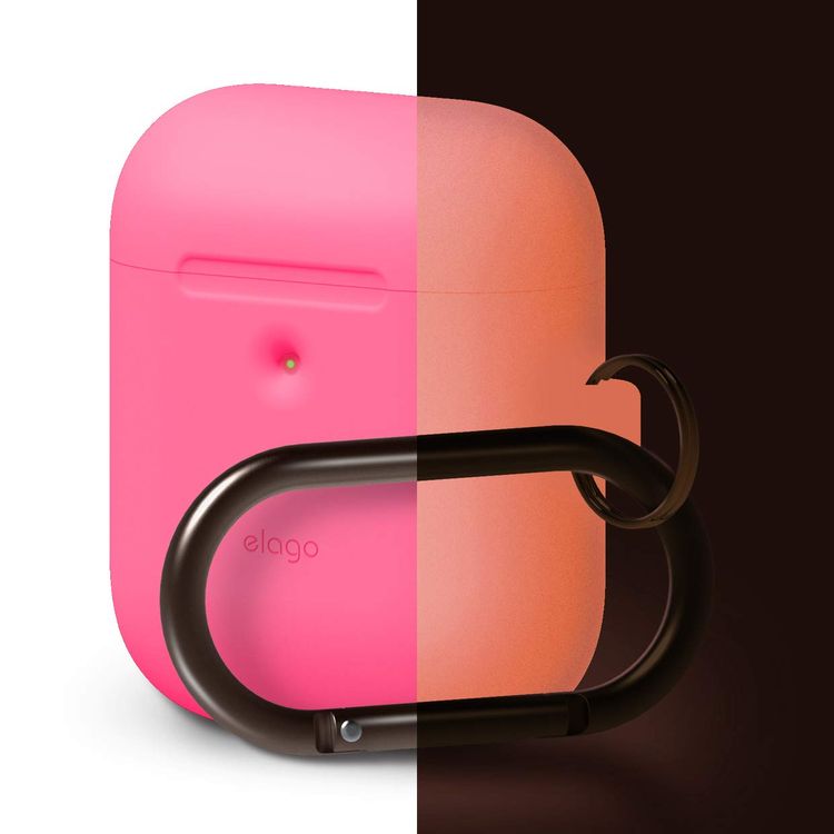 Elago Silicone Case with Anti-Lost Keychain Compatible with Apple AirPods 1/2 Wireless Charging Case, Front LED Visible, Anti-Slip Coating Inside, Premium Silicone - Neon Hot Pink